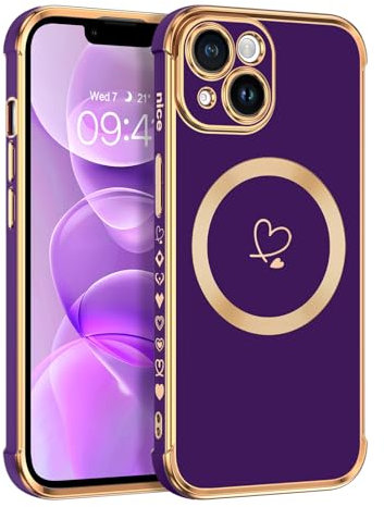 Telaso Magnetische Hülle für iPhone 14, Handyhülle für iPhone 14 Niedliches Herz Muster [ Kompatibel mit MagSafe ] Weiche Plattierung Abdeckung für Frauen, Schutz der Kamera, Lila