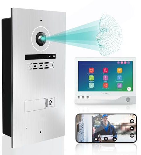 Mathfel 2-Draht Bus Video Türsprechanlage mit Gesichtserkennung & 2 Jahren Garantie – 9 Monitor, WLAN, 2MP HD Kamera, 170° Weitwinkel – Türklingel mit Kamera & Türöffner für 1-Familienhaus, Silber