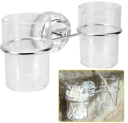 Elegant Chrome Toothbrush Holder with Suction Cups and Dual Plastic Tumblers