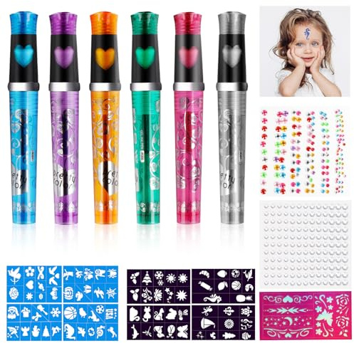Tattoo Stifte Kinder, 17 Stück Glitzer Temporäre tattoo set kinder für Skin, 6 Stück Wasserfest Glitzer Tattoo Stift Pen, mit 4 Blatt Edelsteinaufklebern, 5 Schablonen für Erwachsene Geburtstage Party