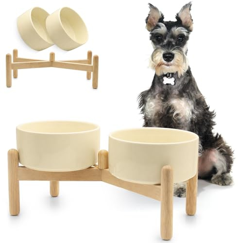 Ciotole Rialzate per Cani in Ceramica da 850 ml con Supporto in Legno, Set Doppio per Cibo e Acqua, Antiscivolo e Stabile, Ideale per Cani di Taglia Piccola e Media – Facili da Pulire