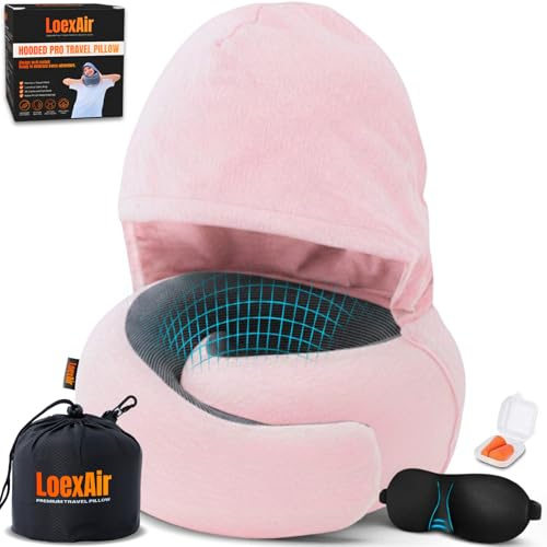 LOEXAIR® Hooded Pro Nackenkissen Flugzeug, Reisekissen aus Memory-Schaum mit Kapuze für Flugzeug, Reise & Auto, 100% Baumwolle, Maximale Privatsphäre & Lichtschutz, leichtes Reiseset - Sakura Pink