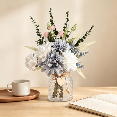 JETAINE Dahlia Artificial Flowers in Vase for Table Centrepiece Decor, Blue | Fake Silk Flowers Plant with Glass Vase, Spring Decoration Faux Flower Arrangement for Kitchen, Dining, Living Room, Gift