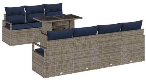 vidaXL Gartensofa-Set mit Kissen 8 pcs Grau und Marineblau Poly-Rattan, Garten und Terrasse, modernes Outdoormöbel-Set, rechteckiges Sofa, robuster Rattan, UV-beständig, Bequeme Lounge