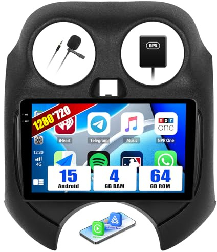 SIXWIN Autoradio 4G+64G Android 15 para Nissan Micra 2010–2017 – 9 Renault Pantalla Táctil HD con CarPlay y Android Auto,GPS,WiFi,Bluetooth 5.0,FM/RDS,EQ,Mando en el Volante