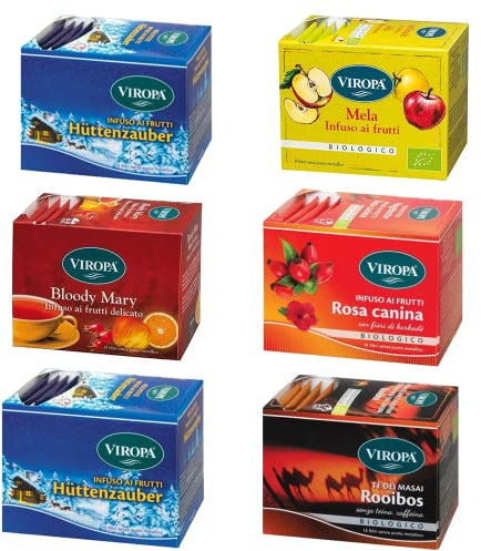 Viropa - Pacchetto COCCOLE 6 confezioni Infusi 15 filtri: More, Mela, Bloody Mary, Rosa Canina, Rooibos, Inverno + + in OMAGGIO 2 Tisane Funzionali