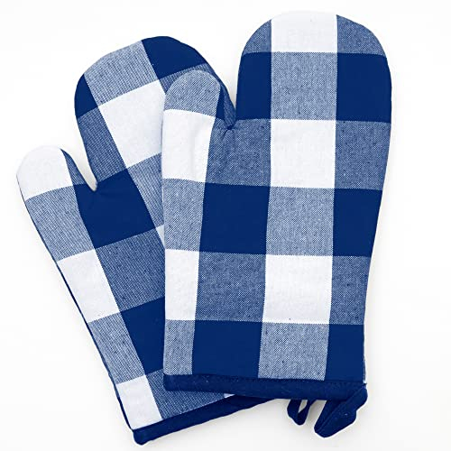 Lot de 2 gants de four à carreaux bleus en 100 % coton - Gants de cuisine pratiques - Gants de cuisine résistants à la chaleur