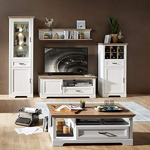 Lomadox Wohnwand Landhaus Stil in Pinie weiß und Artisan Eiche Nb. mit Couchtisch und LED