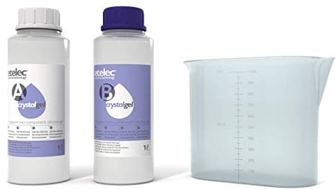 Kit CRYSTALGEL 2 Litri, Gel Siliconico Bicomponente Trasparente Cristallino, Isolanti Sigillature Scatole Cassette Derivazione, Confezioni 2 Flaconi 1 Litro + Caraffa