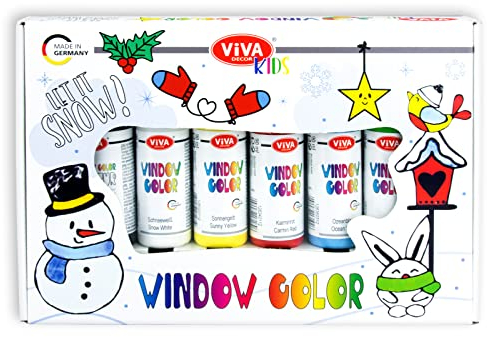 Viva Decor® Window Color Set Let it snow (6 couleurs de 90 ml) Coffret cadeau pour enfants avec 6 couleurs de fenêtre dans un emballage cadeau avec 15 motifs – Fabriqué en Allemagne