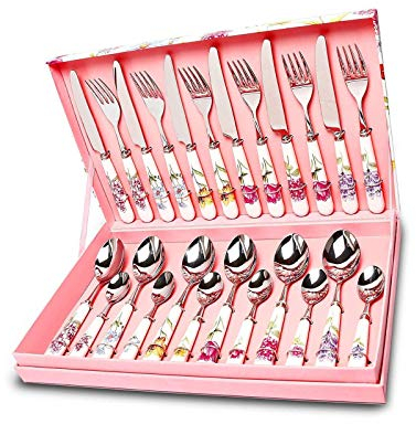 Huachaoxiang 24 PCS Besteckset Aus Edelstahl, Mit Keramikgriffen,Spiegelpolieren, Geeignet Für Hochzeiten/Weihnachten/Geburtstage,Rosa