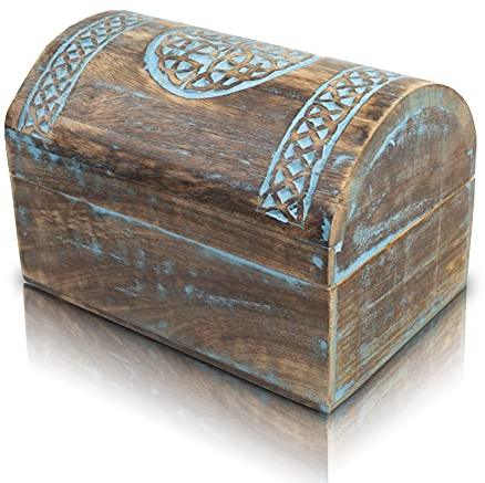 Tolle Geburtstagsgeschenkideen, handgefertigte, dekorative Schmuckschatulle aus Holz mit keltischem Schnitzereien, Schmuck-Organizer, Andenken-Box, Schatztruhe, 15 x 10 cm, Jahrestagsgeschenke (Blue)