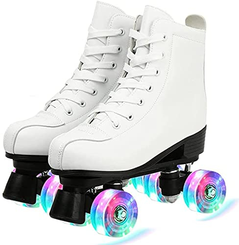JianJud Rollschuhe, Zweireihig Rollschuhe 4 Weiße Gummiräder Schlittschuhe Klassisches Leder PU Leder Art-Top Indoor Rollschuhe Erwachsene Rollschuhe Für Damen Flash White A,45
