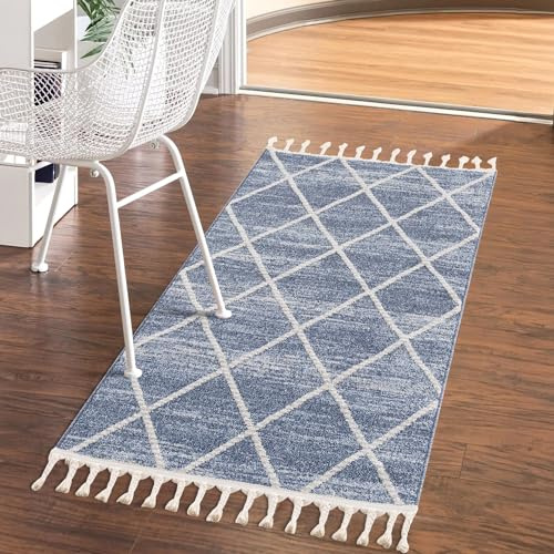 carpet city Teppich Scandi-Look Wohnzimmer Blau - 80x150 cm - Ethno Raute-Optik - Boho-Teppiche Kurzflor Modern - Fransenteppich Tricolor Soft&Weich - Flachflor Schlafzimmer