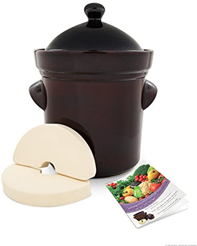 Original Bunzlauer Keramik Premium Gärtopf 25,0 Liter inkl. Deckel + Stein, braun