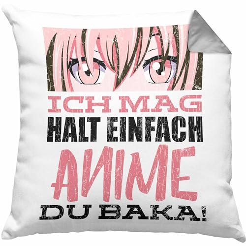 Trendation Anime Kissen mit Füllung 40x40 Geschenk Spruch Geschenke Deko Anme Fan Du Baka (Grau)