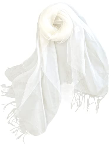 Prettystern Damen einfarbig Organza Seide Festlich Stola Fransen Seidenschal für Abendkleid weiss