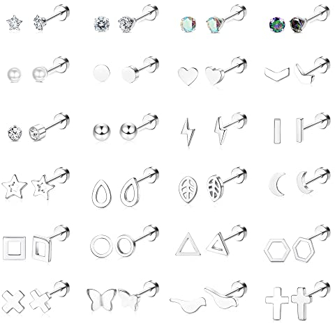JeryWe 24 Paar 20G Edelstahl Stern Mond Dreieck Herz Scheibe Kugel Bar CZ Geometrische kleine Screwback Flat Back Ohrringe Piercing Set Winzige Knorpel Ohrstecker für Frauen Männer silber