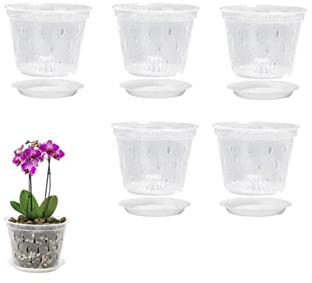 JINGLING 5 Stück Kunststoff Blumentöpfe Transparent Orchideentöpfe mit Ablaufloch und Untersetzer, 14cm Runde Pflanztöpfe für Orchideen, Friedenslilien und Zimmerpflanzen