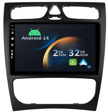 YUNTX Android 14 Autoradio con navi para Mercedes Benz C/CLK Class W203(2000-2004)-Incorporado CarPlay/Android Auto/GPS-IPS 9 Pantalla-Dab/Bluetooth 5.0/Control del Volante/USB/WiFi/4G/MirrorLink