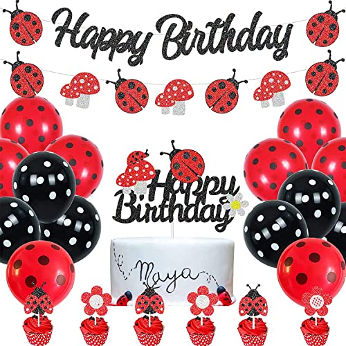 Marienkäfer Geburtstags Party Dekorationen Marienkäfer Happy Geburtstag Deko Banner Rosa Rote Luftballons Marienkäfer Cake Topper Cupcake Aufsatz für Damen Frauen1 und 2 Geburtstag Dekoration