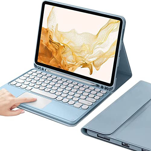 QYiiD Tastaturhülle für Galaxy Tab S8 Plus (12,4 Zoll, 2022) Tab S7 FE & Tab S7 Plus mit Touchpad, Wiederaufladbare & Abnehmbare Cute Round Keypad Keyboard, PU Slim Cover mit S Pen Halter, Blau