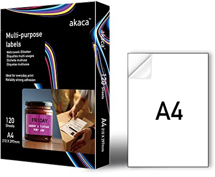 akaca Carta Adesiva Opaco Stampabile A4-120 Fogli Etichette Autoadesive per Stampanti Laser/Inchiostro, 210x297 mm | Superficie ScriviBile, Adesivo Permanente, Eco-Riutilizzabile