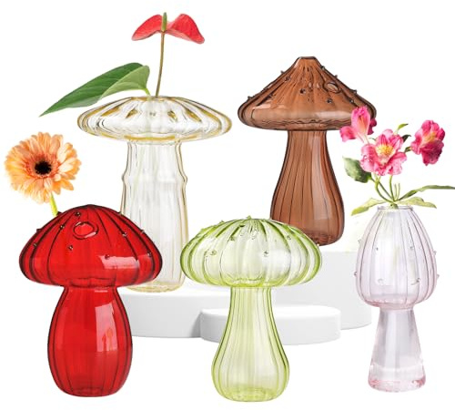 5 PCS Mushroom Shaped Glass Vase, Planters Clear Hydroponic Vase, Flowers Plants for Decorative Centerpiece,Table Decor,Home Wedding Party (5 Color)