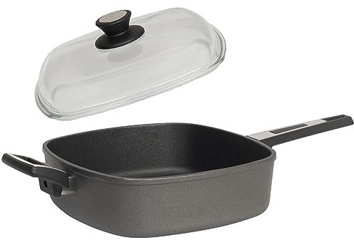 SKK große Bratpfanne 28x28 cm - ohne Induktion - quadratische Aluguss Hochrand-Pfanne 2-tlg. mit Gegengriff & Vollglas Deckel - Made in Germany