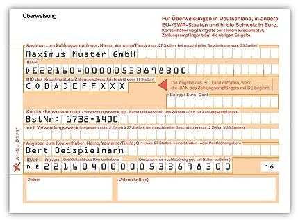 Litfax SEPA Überweisungsträger mit personalisiertem Überweisungsvordruck, 100 Stück - DIN A6, 1-fach ohne Durchschlag, 90g Beleglesepapier - Bankneutral in Deutschland