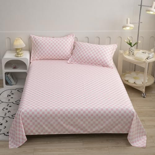 Wellboo Bettwäsche-Set, kariert, für King-Size-Bett, Damen, Mädchen, Bohnenrosa und Weiß, Schachbrettmuster, modern, Altrosa kariert, geometrisches Spannbetttuch mit 2 Kissenbezügen, 4-teilig,