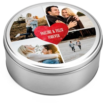 Herz & Heim® Geschenkdose mit Aufdruck und Wunschtext - ideal zu Weihnachten (4 Fotos & Text im Herz)
