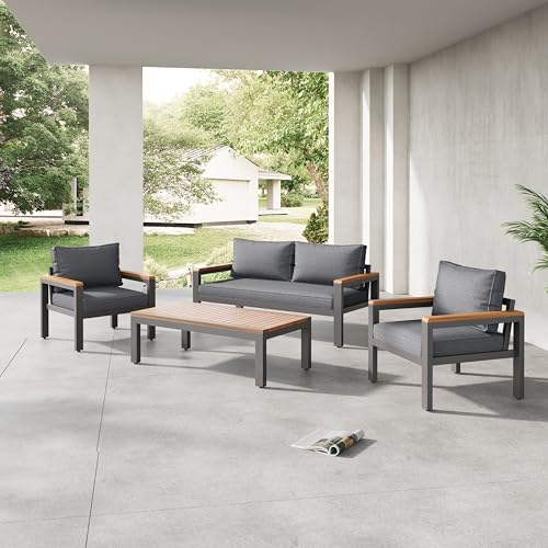 Merax Gartenmöbel Set 4-Personen, Lounge Sitzgruppe Outdoor mit Tisch & Kissen, Ecksofa-Set aus verzinktem Eisen, für Balkon Terrasse, Gartenlounge Set, Akazienholz Tischplatte und Armlehnen, Grau