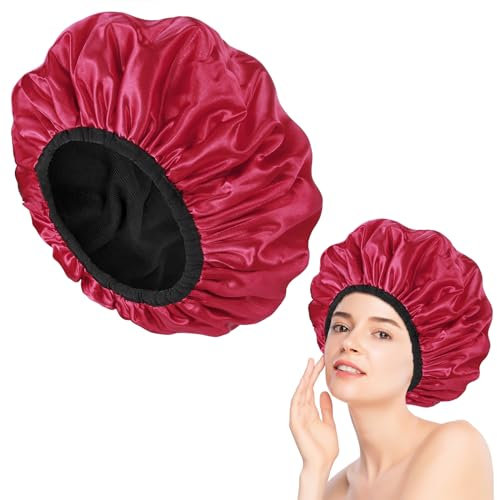 Fetnar Duschhaube. 3-Lagige Wasserdichte Duschhaube Damen, Große Duschhaube mit Mikrofaserleiner, Praktische Badezubehör Shower Cap, Wiederverwendbar Weich Duschhauben für Erwachsener Kinder (Rot)