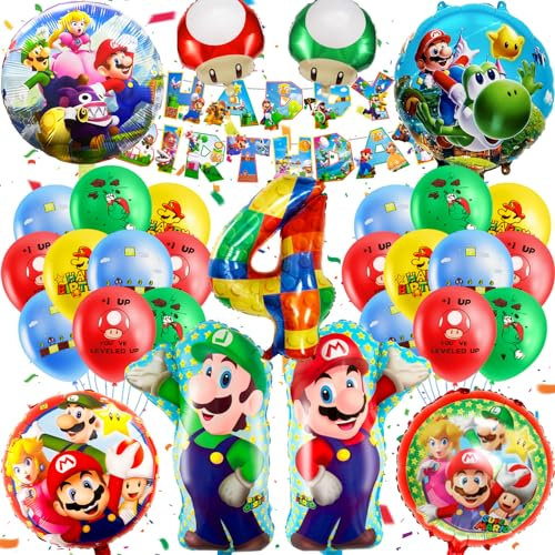 MA4 Mario 32PCS Kids Birthday Party Set - Balloons, Banner, Decorations for 4 Years Old