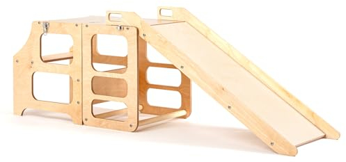 Duck Woodworks Tour d’Apprentissage Montessori 3 en 1 pour Enfants – Se Transforme en Table, Chaise et Toboggan – Sûre, Compacte et Solide – Bois de Bouleau – Bois