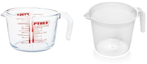 Pyrex Glass Measuring Jug, Transparent, 1 Litre & Addis 518007 Measuring and Mixing Jug with Handle, Transparent, 2 L