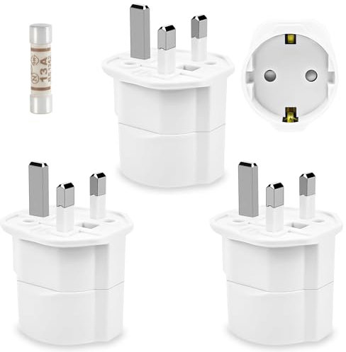 BIORYC ® (3 uds) Adaptador Enchufe UK a español Tipo G + Regalo Fusible | Adaptador Universal 2-Pin Europa a 3-Pin Reino Unido Seguro para Bebés | Ideal para Viajar a Inglaterra, Escocia, etc