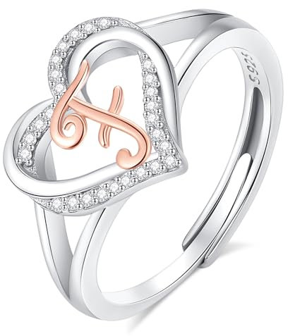 INFUSEU Damen Ring Mit Initialen, 925 Sterling Silber F Buchstabe Herz Offener Ringe Buchstabenform Initial Name Alphabet A-Z Verstellbar Personalisierter Schmuck Geschenke für Frauen Damen Mädchen