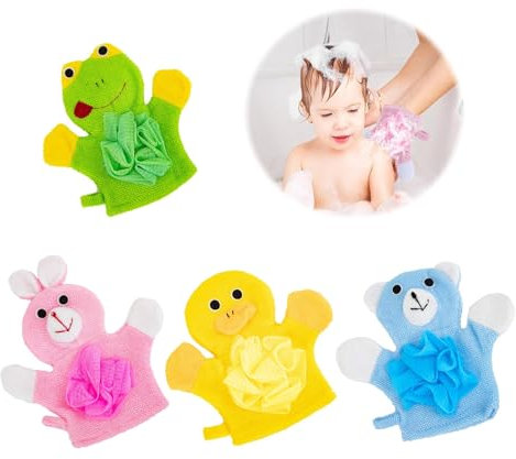 EnixwH 4 Pièces Gant de Toilette Bebe en Motif Animal, Gant Toilette Double Usage, Gant de Toilette Enfant de Dessin Animé, Gants de Toilette Coton pour Enfants, pour Douches d'enfants (22 x 23 cm)