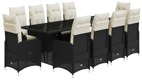 vidaXL Garten Bistroset 11-TLG., Balkonset mit Kissen, Gartenmöbel Tisch 10 Verstellbare Stühle, Balkonmöbel Sitzgruppe Gartengarnitur, Schwarz Poly Rattan