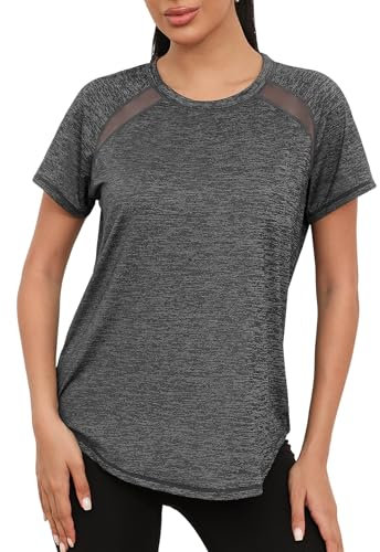 Gyabnw Gym Tops Women Workout Yoga Running Top Quick Dry Sports T-Shirt Ladies Crew Neck Short Sleeve Tee Shirts Dark Grey