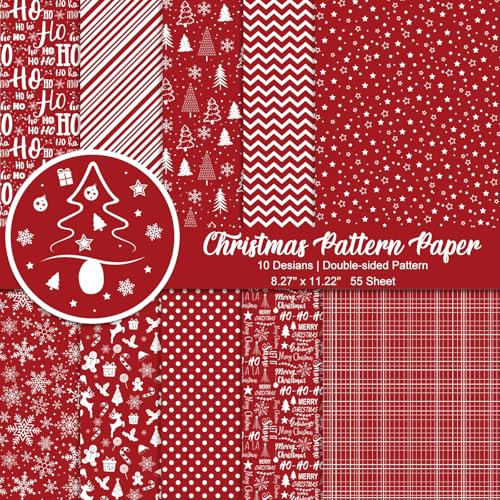 Morcheiong 55 Blatt Frohe Weihnachten Musterpapier Set, Dekoratives Papier für Die Kartengestaltung, Scrapbook, Fotoalbum, Dekor, 10 Designs (Rot, 8,27 x 11,22 Zoll)