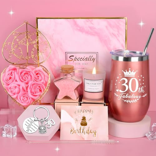 COYBTO 30th Birthday Gift for Women - 16 OZ Insulated Stemless Wine Tumbler, Pamper Set With Scented Candles, Wine Glasses for Mum, Wife, Friends