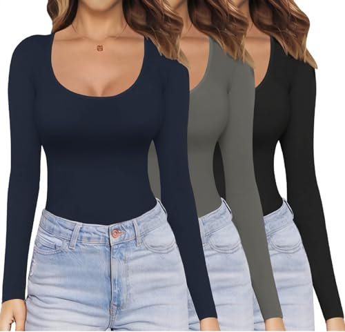 Ekouaer Slim Fit Langarmshirt Damen Longseelve Top Thermo Unterwäsche,3er Pack Navy Blue+Dark Grey+Black,XXL