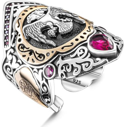 TAKILINGO Verstellbarer Ring aus 925er Sterlingsilber, verstellbar, 3D-Doppeladlermotiv, Daumen, Herrenring, Zirkonia, Siegel von Salomon, detaillierter handgefertigter Ring für Herren, Sterling