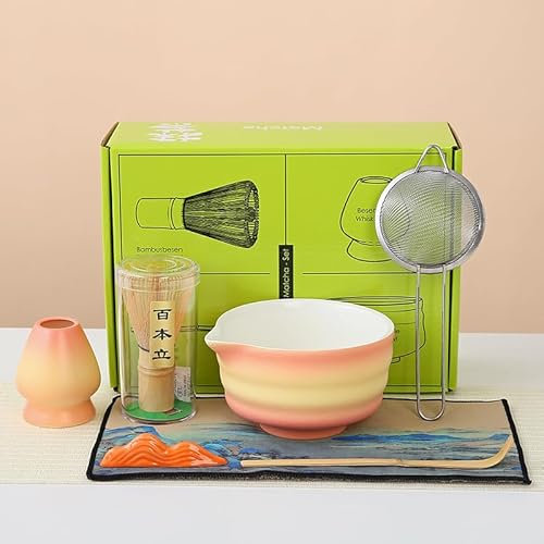 Japan Matcha Set Matcha Whisk Matcha Bowl with Pouring Spout Scoop Matcha Whisk Holder Tea Making Kit. 1 Japanese Tea Set,Matcha color,Color Box Packing, 15.2 ounce 7pcs