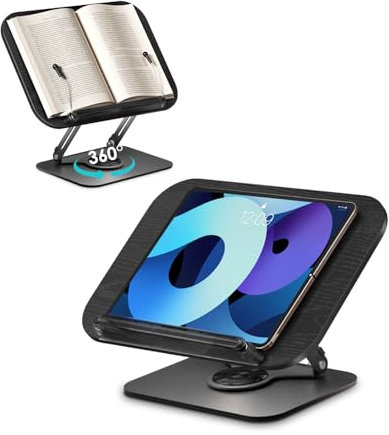 Viozon Book Stand for Reading,Book Holder, Height&Angle Adjustable, 360° Rotating Base, Foldable & Portable, Lightweight for Office, Kitchen, School Textbook, Recipe, Magazine,Tablet, Kindle, Black