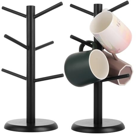 LOLYSIC 2Pcs Wooden Mug Tree 6 Mugs Cup Tree Tea Coffee Cup Stand Holder, Wood Mug Holder Stands for Kitchen Office Bar Countertop, Black