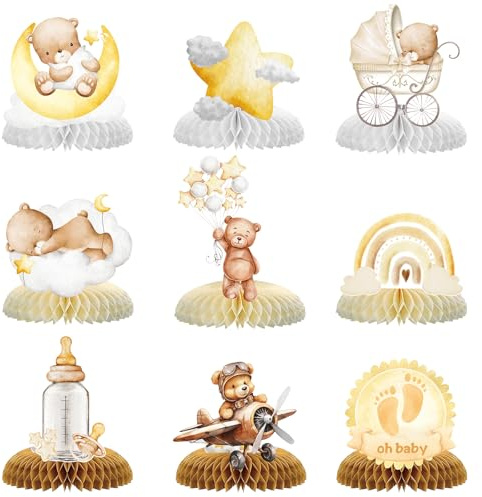 ZABARE Babyparty Tischdeko,9 Stück Gender Reveal Party Deko mit Bär Motiv Bienenwabe Mittelstück Tischdekoration Mädchen oder Jungen,Boy or Girl Deko,Baby Shower Tischaufsätze Geschlecht Verkünden